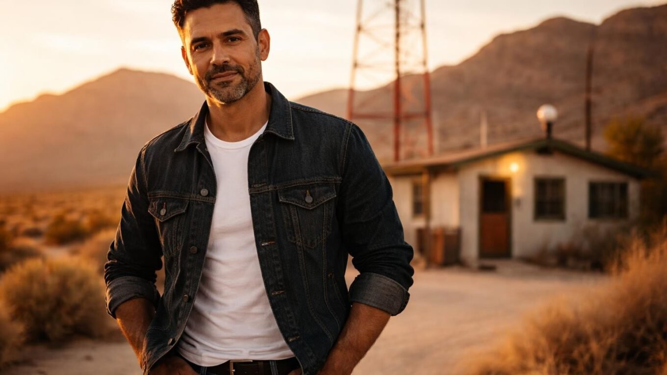 Handsome Latino radio host in his mid forties with dark hair, a short dark beard with gray in it and brown eyes standing outside a small desert radio station under a tall antenna at golden hour in West Texas