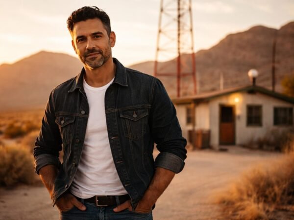 Handsome Latino radio host in his mid forties with dark hair, a short dark beard with gray in it and brown eyes standing outside a small desert radio station under a tall antenna at golden hour in West Texas