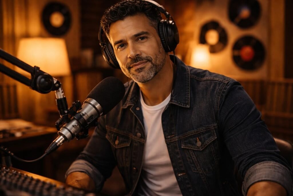 Radio host in a small studio at night wearing headphones speaking into a microphone, warm lamp light, vinyl records on the wall