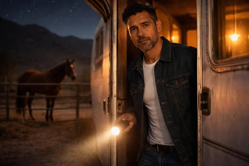 Radio host standing at the door of a lonely desert trailer at night, holding a flashlight, the stars overhead
