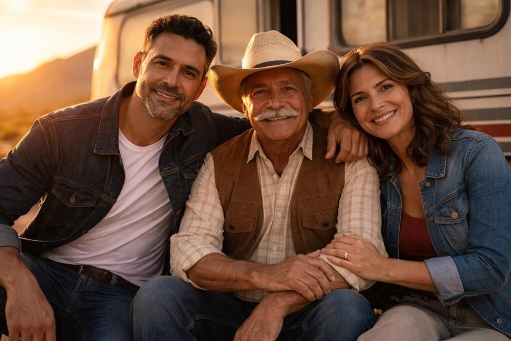 Radio host and an old man and a middle-aged woman sitting together outside a trailer at sunrise in the desert