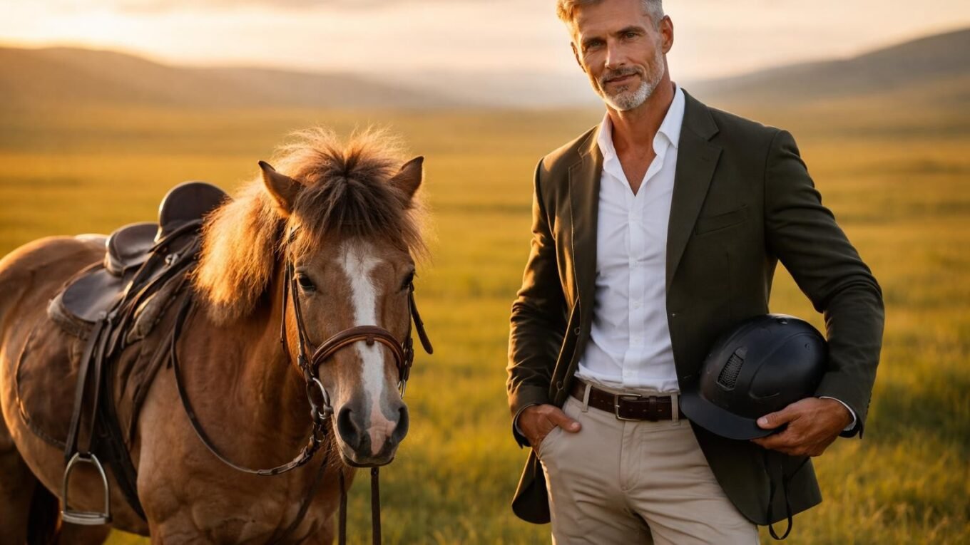 Handsome rancher in his early fifties with silver hair, a short silver beard and blue eyes standing beside a small Mongolian horse on the vast green steppe at golden hour