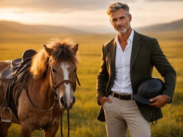 Handsome rancher in his early fifties with silver hair, a short silver beard and blue eyes standing beside a small Mongolian horse on the vast green steppe at golden hour