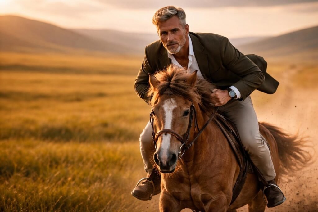 Rider galloping a small Mongolian horse across an endless grassy steppe under a huge sky