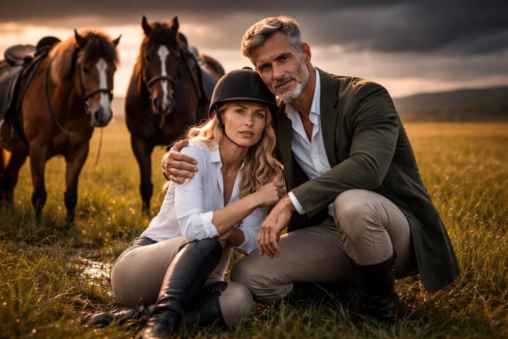 Rider kneeling beside an injured young woman rider in the grass beside two horses, rain clouds overhead