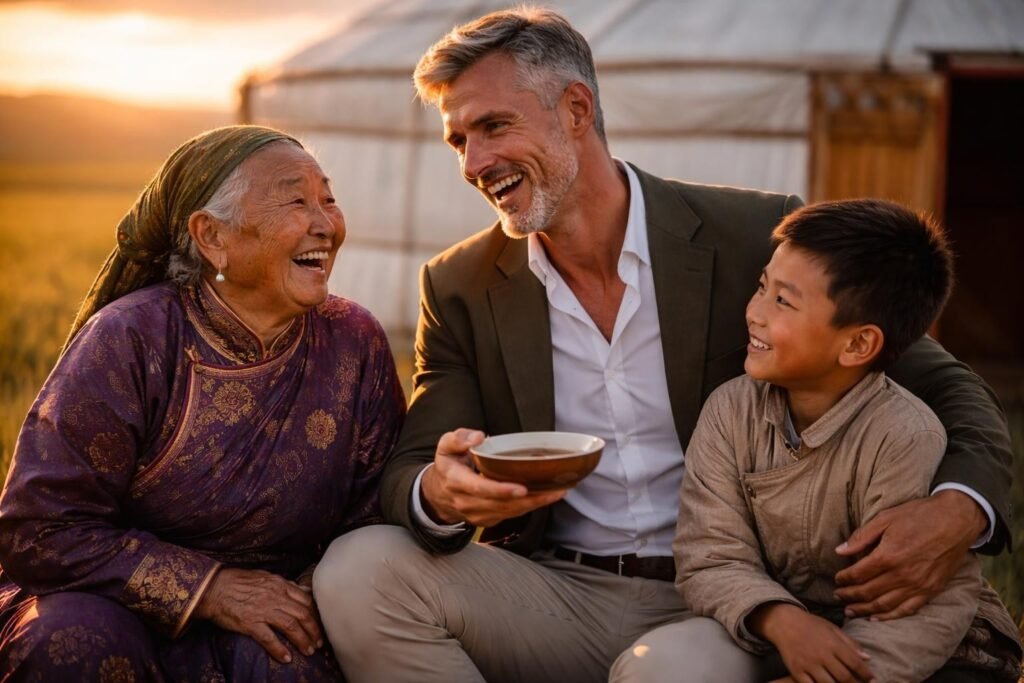 Rider sitting outside a white Mongolian ger at sunset sharing tea with a herder family