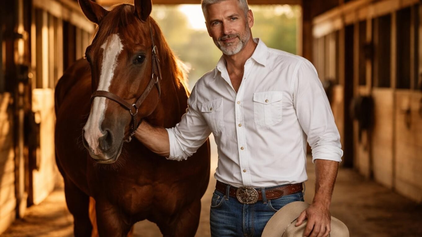 Handsome horse trainer in his early fifties with short silver hair, a trimmed silver beard and steel blue eyes standing in a sunlit barn aisle in Weatherford Texas with a sorrel quarter horse at golden hour