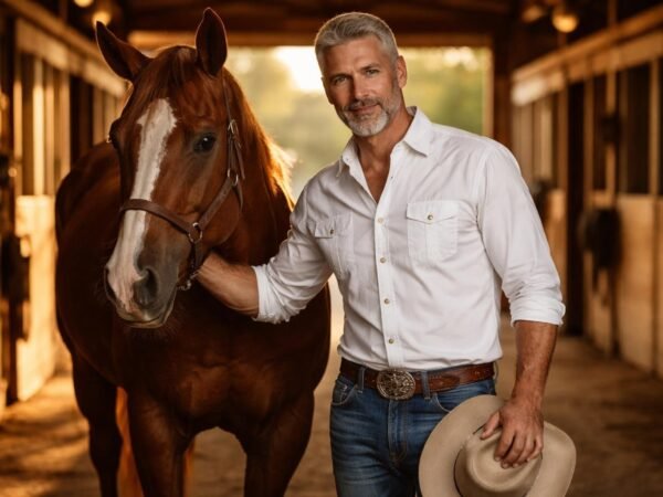 Handsome horse trainer in his early fifties with short silver hair, a trimmed silver beard and steel blue eyes standing in a sunlit barn aisle in Weatherford Texas with a sorrel quarter horse at golden hour