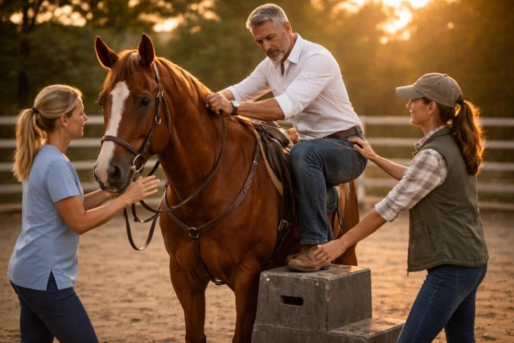 Man mounting a sorrel quarter horse slowly with help from a woman physical therapist in a round pen, his left hand in a brace