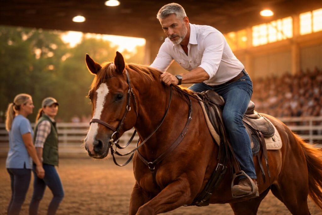 Man riding the sorrel horse in a big show arena in Texas under bright lights, crowd watching, intense focus