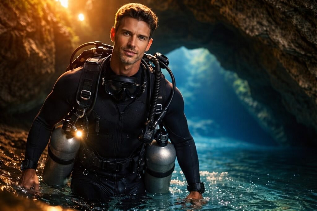 Rescue diver in full cave diving gear descending into the deep blue opening of an underwater cave