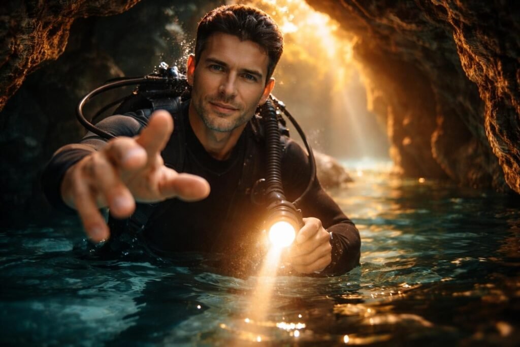 Rescue diver underwater in a narrow rocky cave tunnel holding a light, reaching out a hand toward another diver