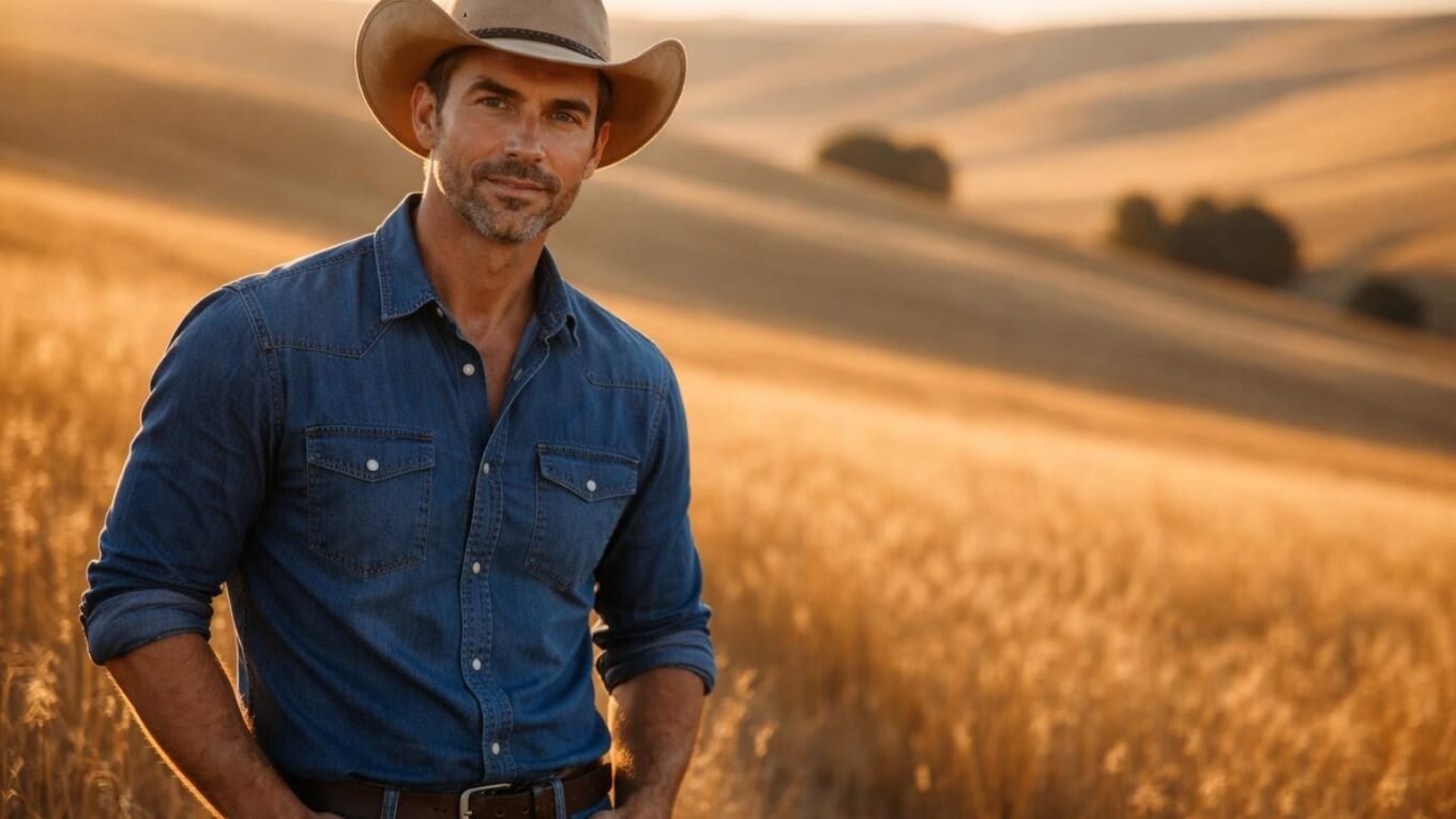 Handsome rancher in his late forties with dark brown hair, a well-groomed short beard, gray-green eyes and a cowboy hat standing in golden wheat hills near Pendleton Oregon at golden hour