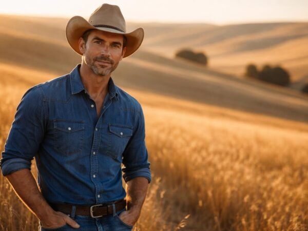 Handsome rancher in his late forties with dark brown hair, a well-groomed short beard, gray-green eyes and a cowboy hat standing in golden wheat hills near Pendleton Oregon at golden hour