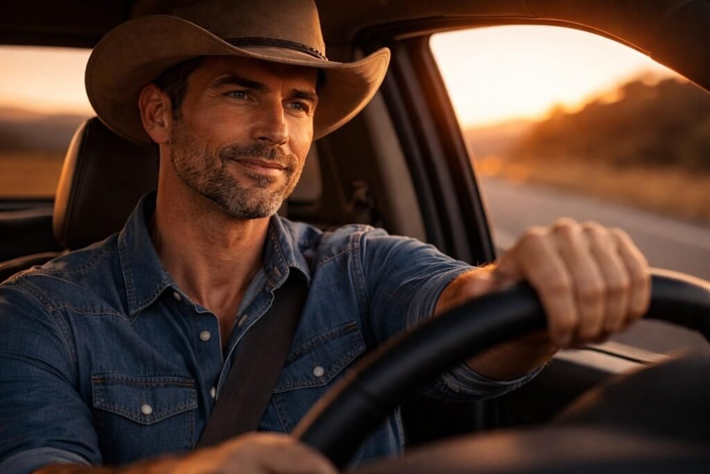 Rancher driving his pickup truck on an empty highway at dusk, a small fleck of glitter visible in his beard, smiling to himself