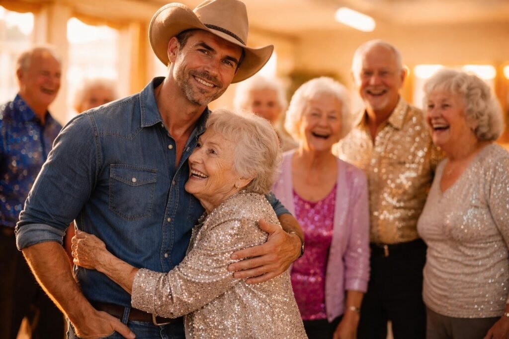 Rancher in a cowboy hat in a bright community hall surrounded by smiling elderly women in sequined dance costumes