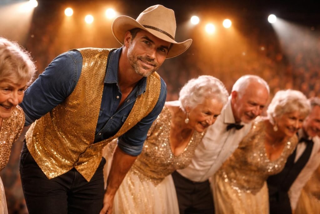 Rancher on a stage under spotlights at a dance competition, bowing beside a group of elderly dancers in sparkling outfits as the crowd cheers