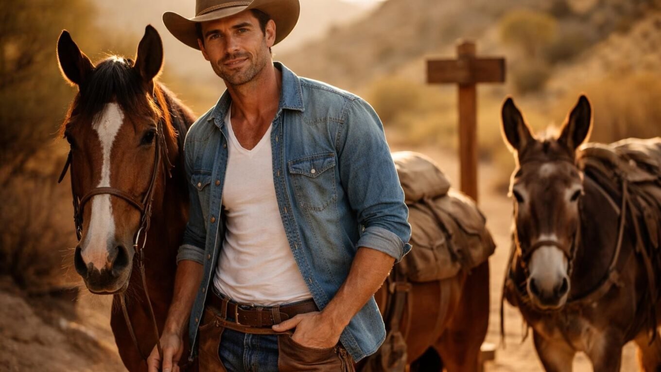 Handsome rugged man in his mid forties with sun-streaked brown hair, a short beard and green eyes standing beside a bay mustang and a pack mule at a desert trailhead at golden hour