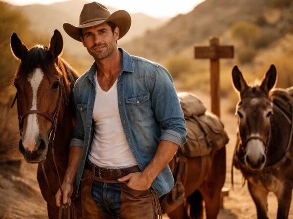 Handsome rugged man in his mid forties with sun-streaked brown hair, a short beard and green eyes standing beside a bay mustang and a pack mule at a desert trailhead at golden hour