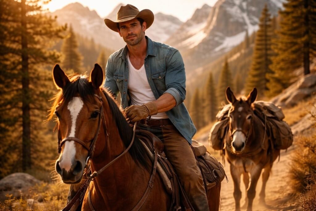 Man riding a bay mustang through a high Sierra mountain pass with snow peaks and a mule following behind