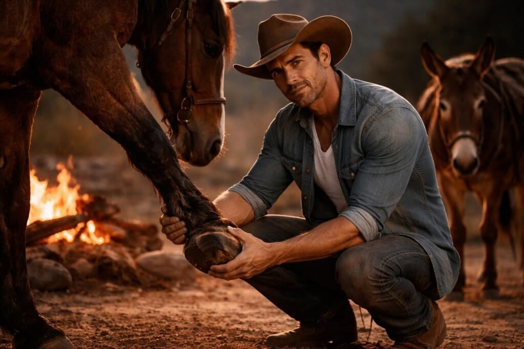 Man kneeling by a campfire at night in the mountains taking care of his horse's hoof while the mule watches