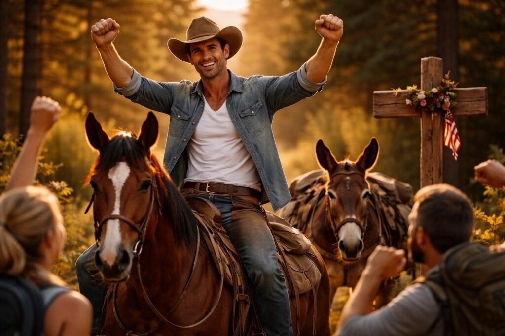 Man sitting on his horse at the wooden monument at the Canadian border in a forest at sunset, mule beside him, arms raised