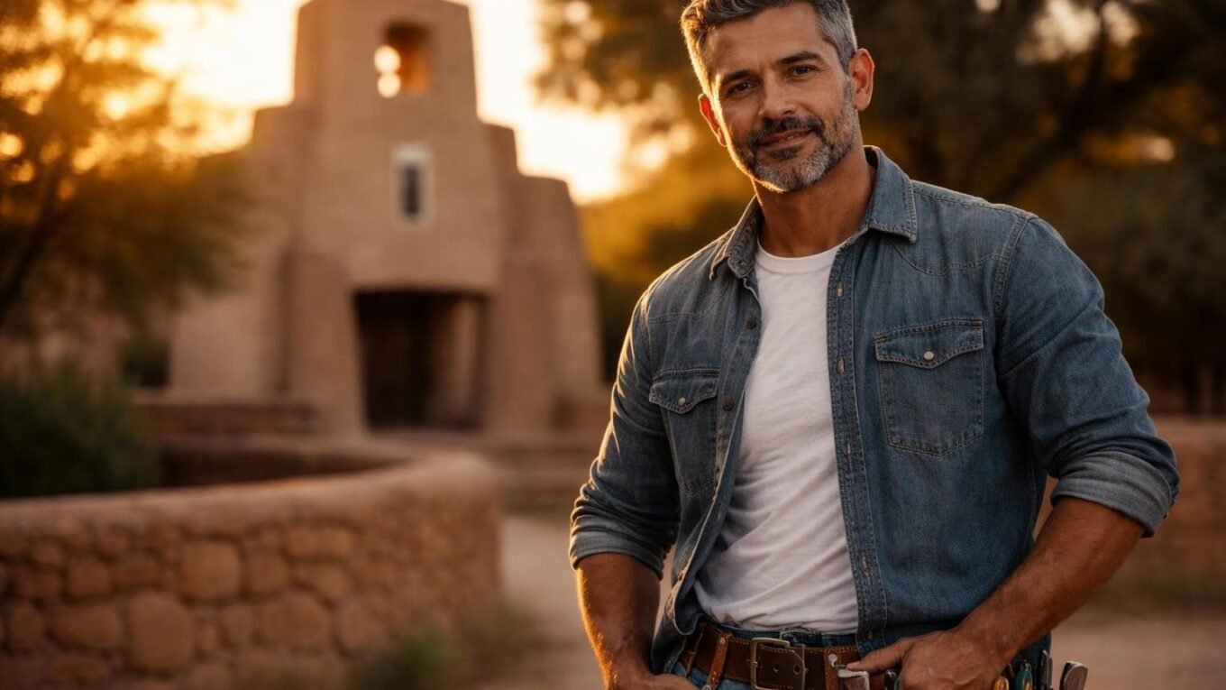 Handsome Hispanic stonemason in his early fifties with dark hair streaked with gray, a short salt-and-pepper beard and dark eyes standing in front of an old adobe mission church in Santa Fe at golden hour, dusty work shirt with sleeves rolled up