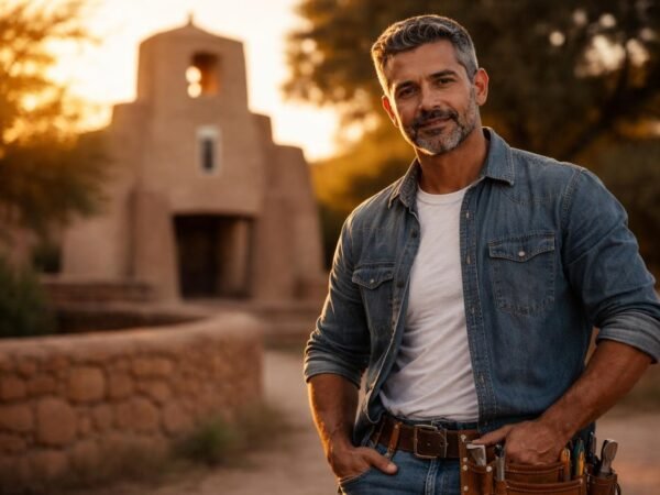 Handsome Hispanic stonemason in his early fifties with dark hair streaked with gray, a short salt-and-pepper beard and dark eyes standing in front of an old adobe mission church in Santa Fe at golden hour, dusty work shirt with sleeves rolled up