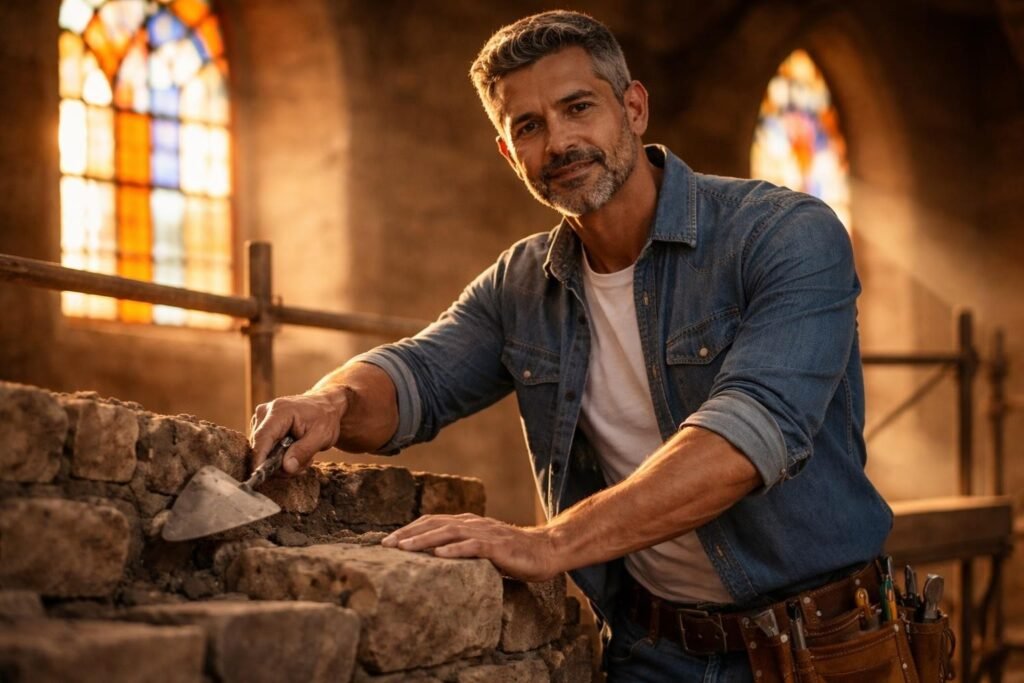 Stonemason on scaffolding fixing an old stone wall of a church, sunlight coming through colored glass windows
