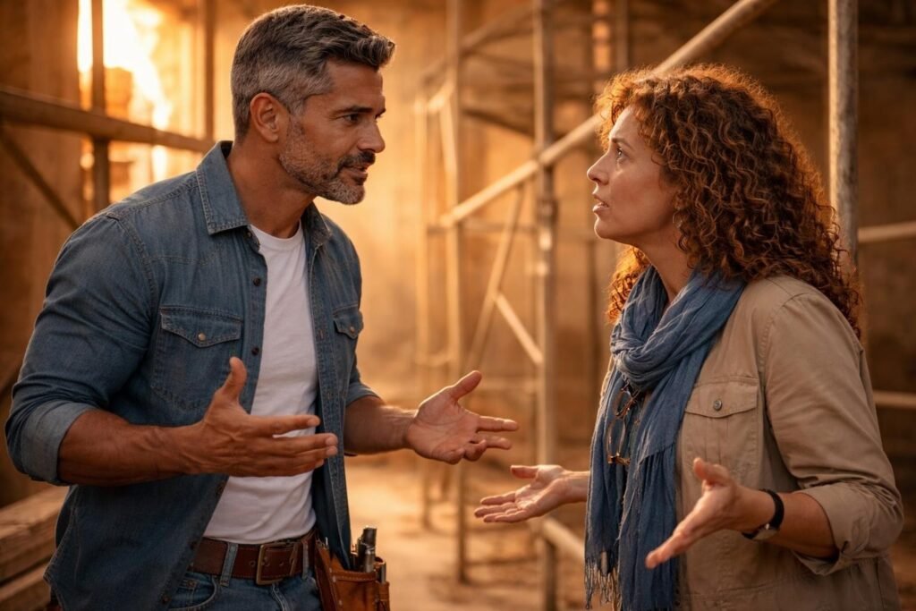 Stonemason and a woman with curly auburn hair arguing face to face inside the church among scaffolding and colored light