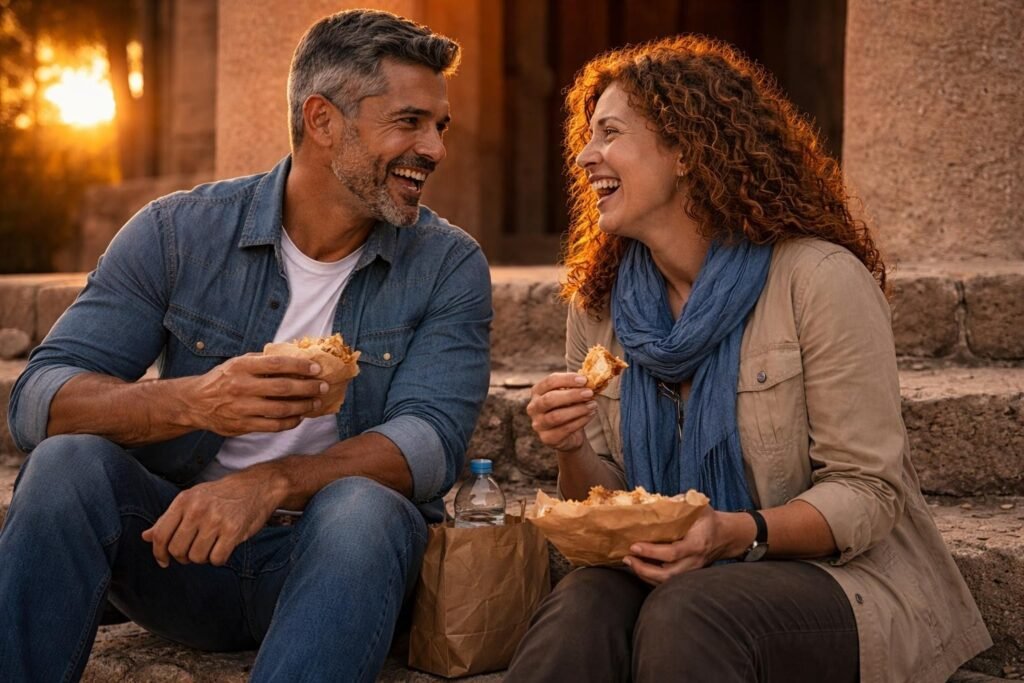 Stonemason and the woman sitting on the church steps at sunset sharing a meal from paper bags, laughing