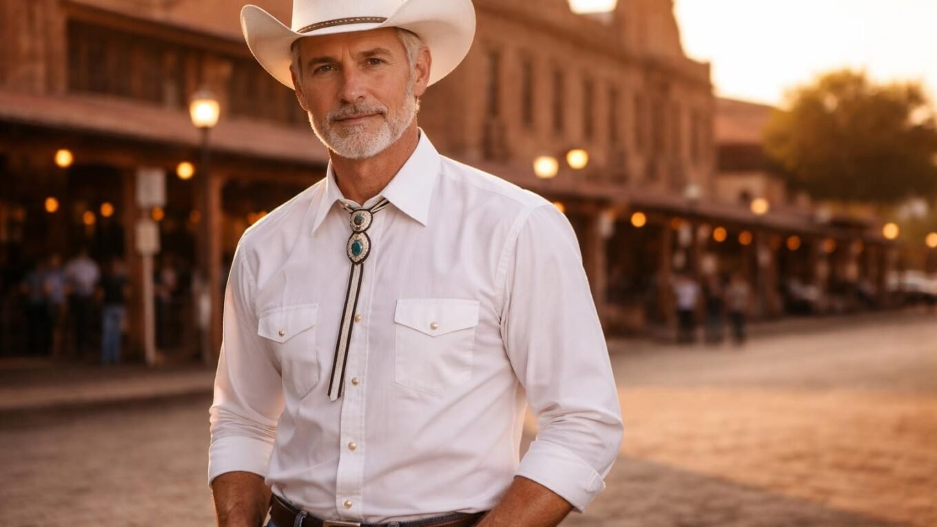 Handsome Texas cattle auctioneer in his mid fifties with silver hair, a trimmed silver mustache and gray eyes wearing a white cowboy hat and a pressed shirt in front of the historic Fort Worth Stockyards at golden hour