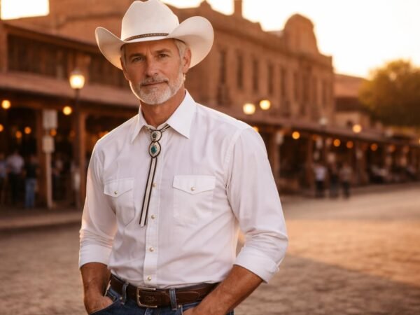 Handsome Texas cattle auctioneer in his mid fifties with silver hair, a trimmed silver mustache and gray eyes wearing a white cowboy hat and a pressed shirt in front of the historic Fort Worth Stockyards at golden hour