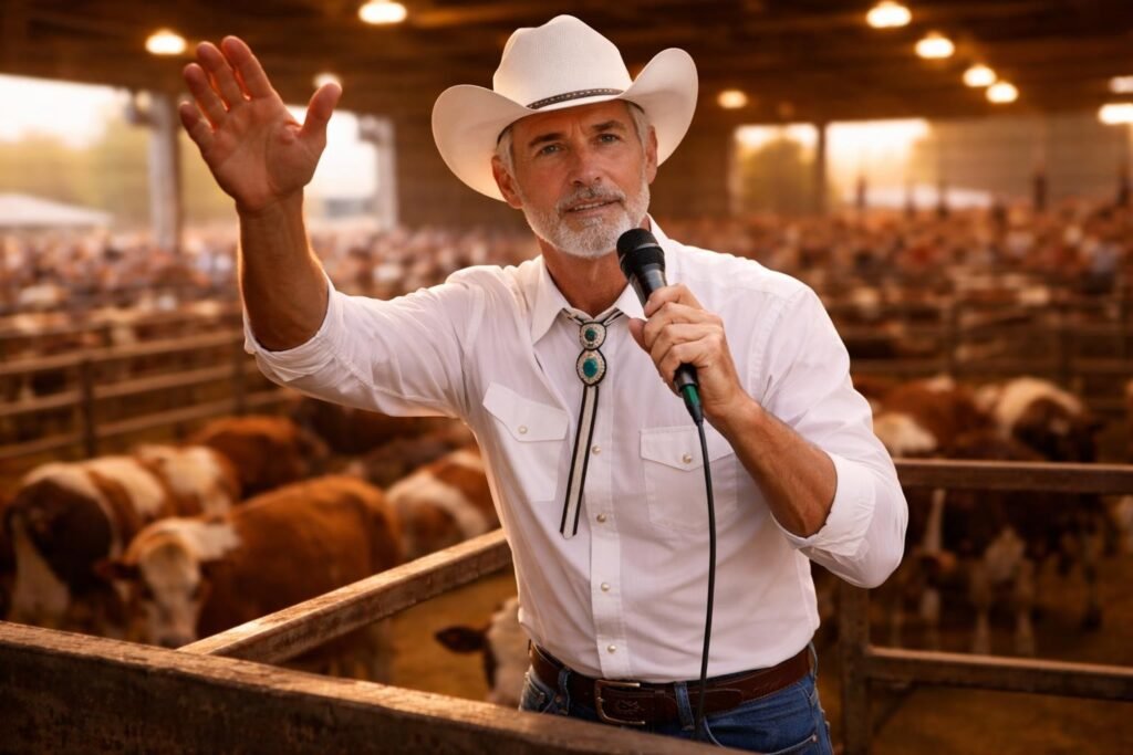 Auctioneer at the microphone on the auction block calling bids in a crowded cattle sale barn