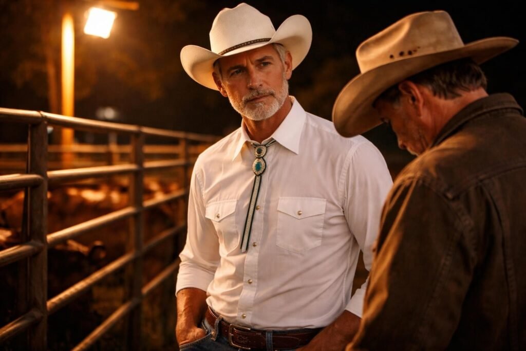 Auctioneer in a tense conversation with another man in a cowboy hat beside the cattle pens at night