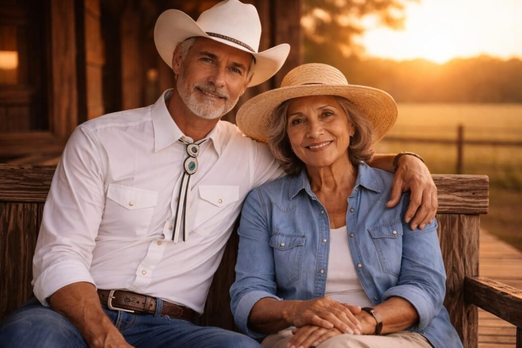 Auctioneer sitting on a bench outside the sale barn at sunset beside an elderly widow in a sun hat, both smiling