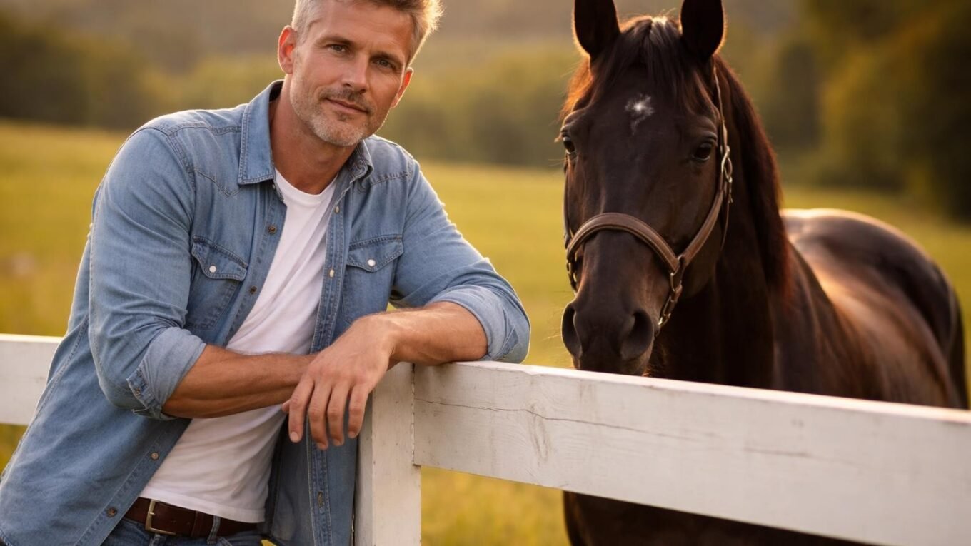 Handsome former jockey in his early fifties with short sandy gray hair, light stubble and blue eyes leaning on a white fence beside a tall black thoroughbred in rolling Ohio farmland at golden hour