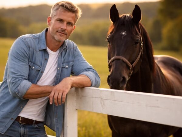 Handsome former jockey in his early fifties with short sandy gray hair, light stubble and blue eyes leaning on a white fence beside a tall black thoroughbred in rolling Ohio farmland at golden hour