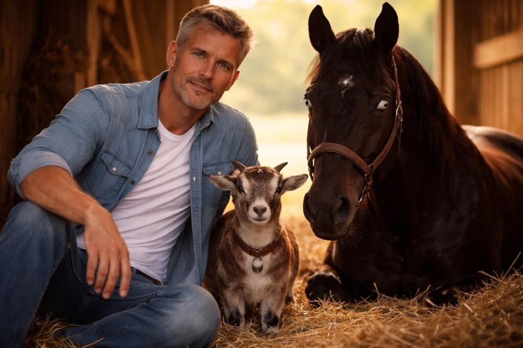 Man sitting in the straw of a barn stall beside a black horse with cloudy eyes, a small brown and white goat standing between them