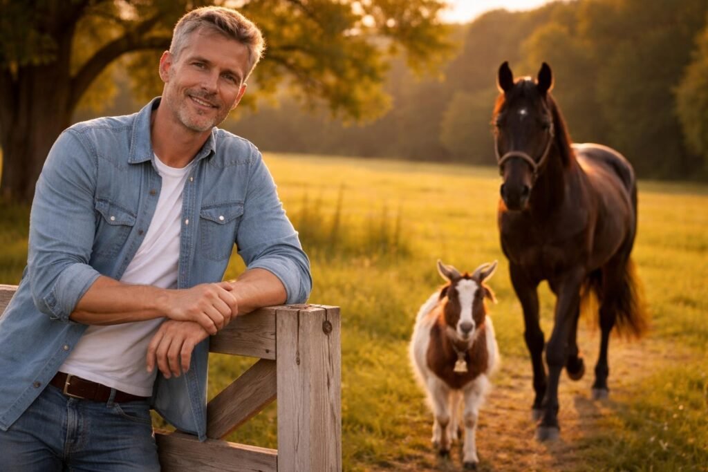 A tall black horse walking calmly in a green pasture following a little goat with a bell, the man watching from the gate
