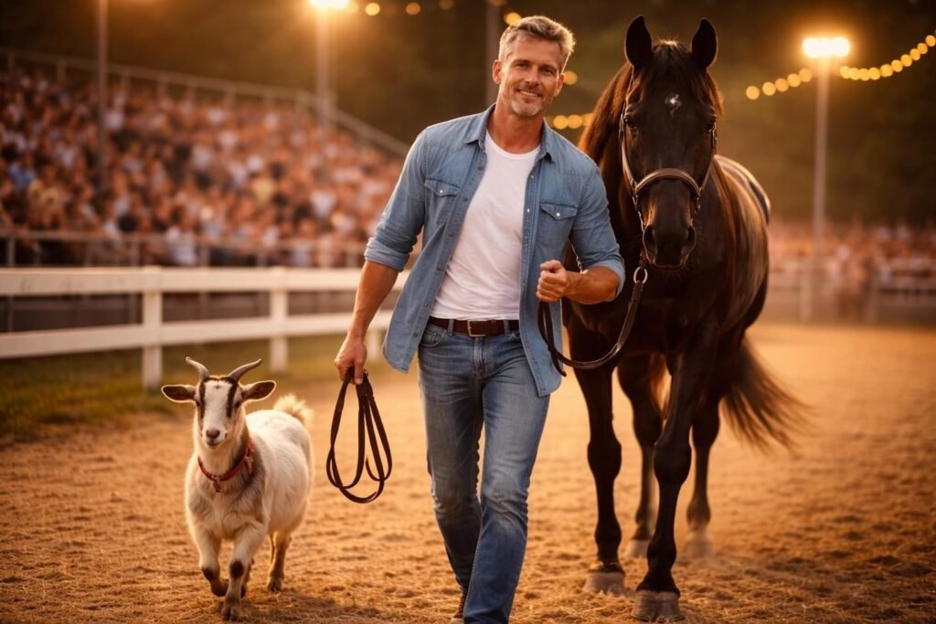 Man at a county fair arena at sunset holding the lead rope of the black horse while a crowd applauds, the little goat at the horse's feet