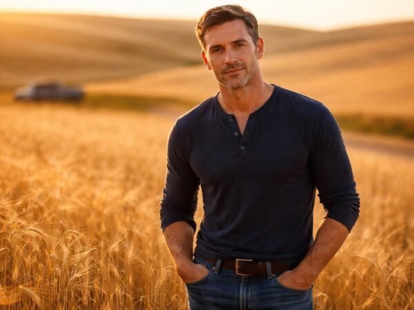Handsome wheat farmer in his early fifties with dark hair graying at the temples, short stubble and gray eyes standing in rolling golden wheat fields of the Palouse at golden hour