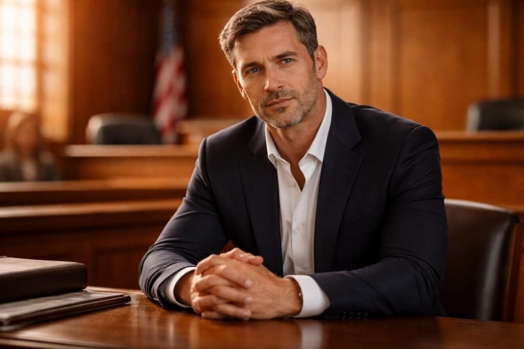 Farmer in a dark suit sitting at the defense table in a small county courtroom, serious expression