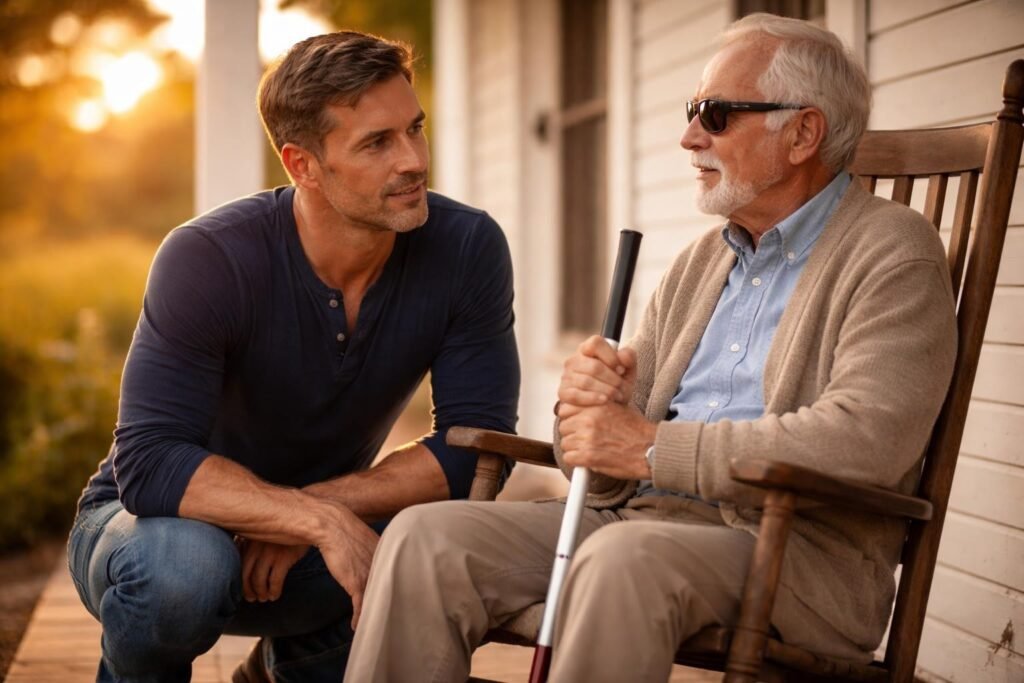 Farmer kneeling to talk with an elderly blind man holding a white cane on the porch of an old farmhouse
