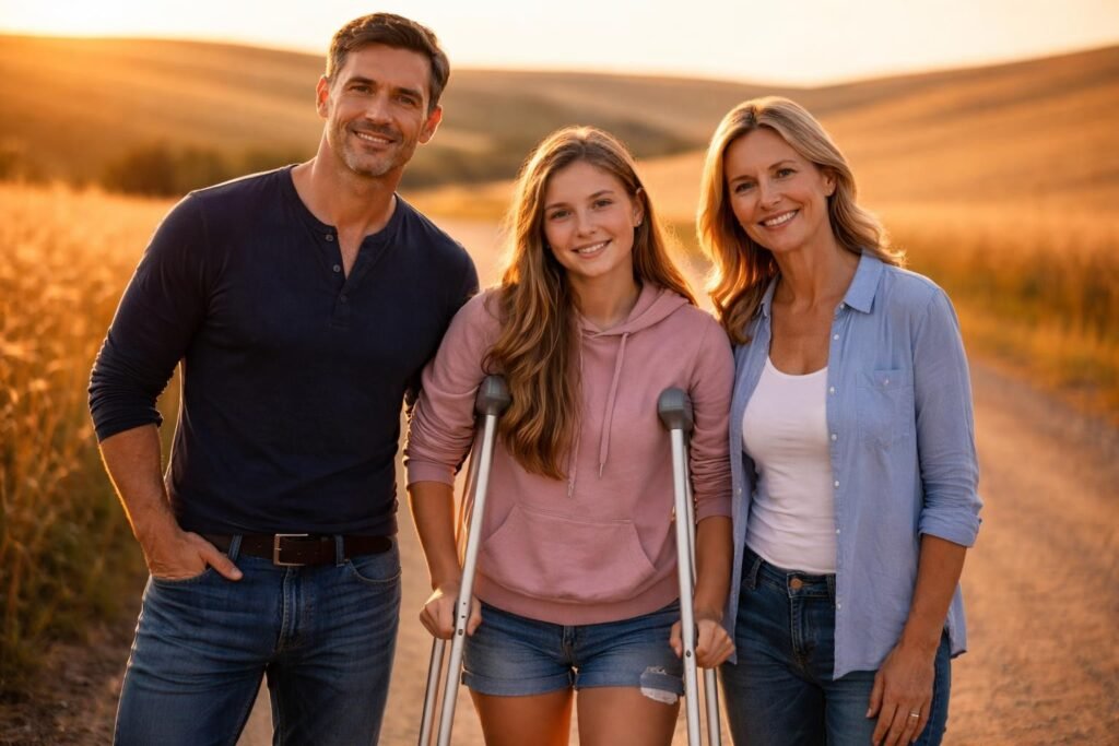 Farmer standing on a country road at sunset with a teenage girl on crutches and her mother, the wheat fields behind them