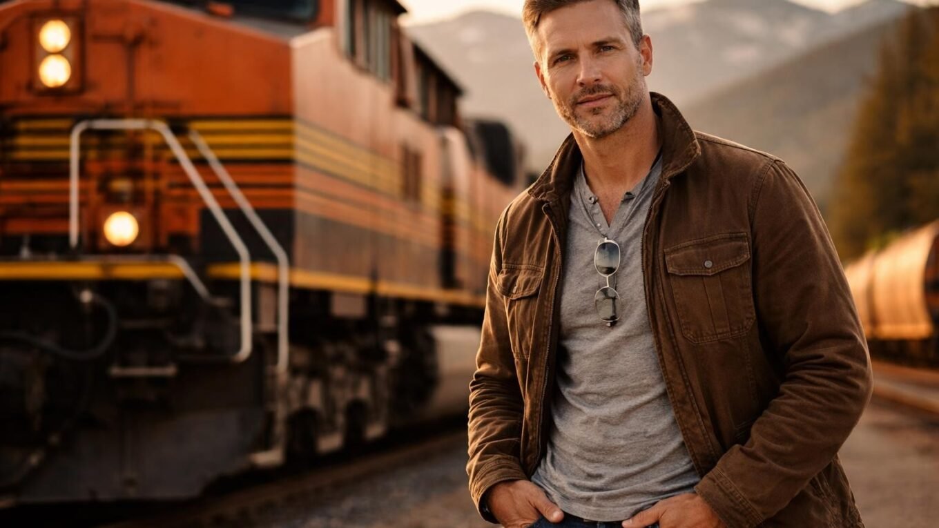 Handsome freight train engineer in his late forties with short brown hair graying at the temples, a short beard and gray-blue eyes standing beside a big orange and black locomotive in a Colorado rail yard at golden hour