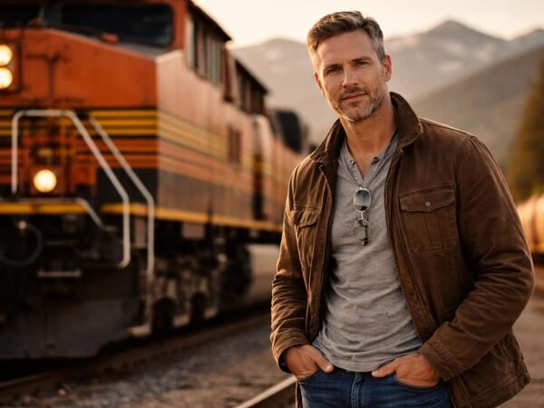 Handsome freight train engineer in his late forties with short brown hair graying at the temples, a short beard and gray-blue eyes standing beside a big orange and black locomotive in a Colorado rail yard at golden hour