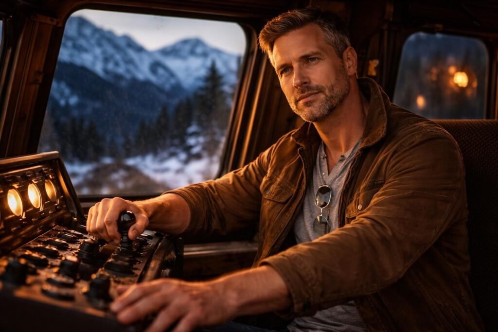 Train engineer at the controls inside a locomotive cab at night, mountains and snow outside the window