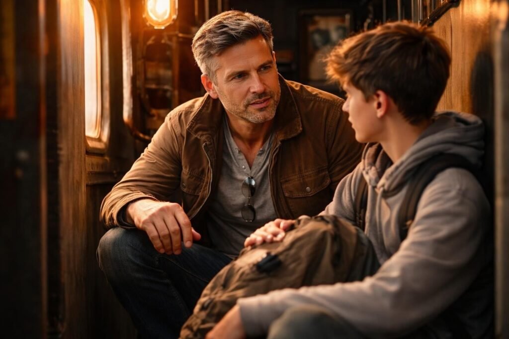 Train engineer kneeling to talk to a teenage boy sitting in the narrow front compartment of a locomotive, the boy holding a backpack