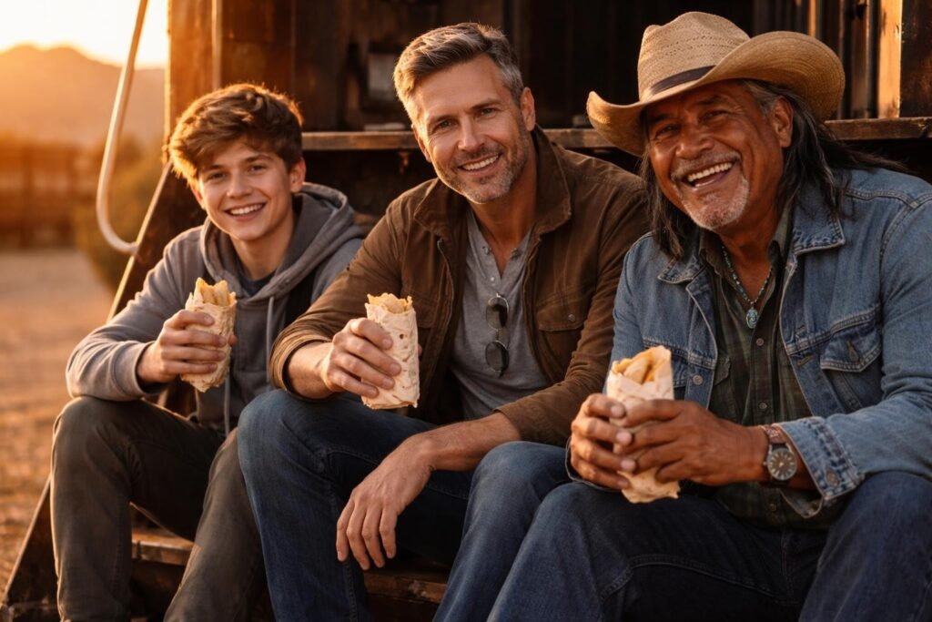 Train engineer and the teenage boy sitting on the steps of a locomotive at a station in the desert at sunrise, eating breakfast burritos